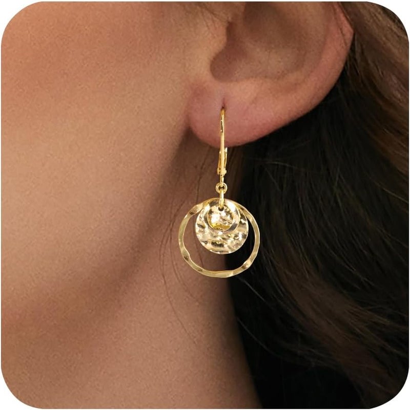 Lancharmed Sterling Silver Disc Leverback Earrings for Women Gold and Silver Circle Drop Dangle Earrings Jewelry Hypoallergenic Hammered Leverback Dangle Earrings for Gifts - Image 1